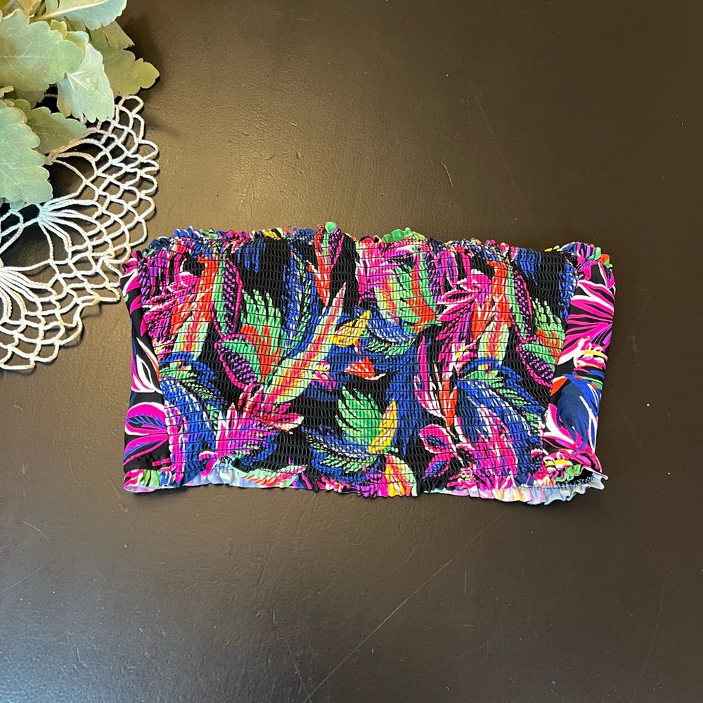 Shade & Shore Tropical Floral Colorful Smocked Bralette Bikini Top Sz S No Strap